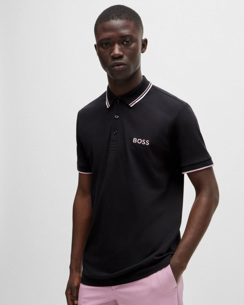 Hugo Paddy Pro Mens Cotton Blend Polo Shirt With Contrast Logos - Dark Blue - Size Medium